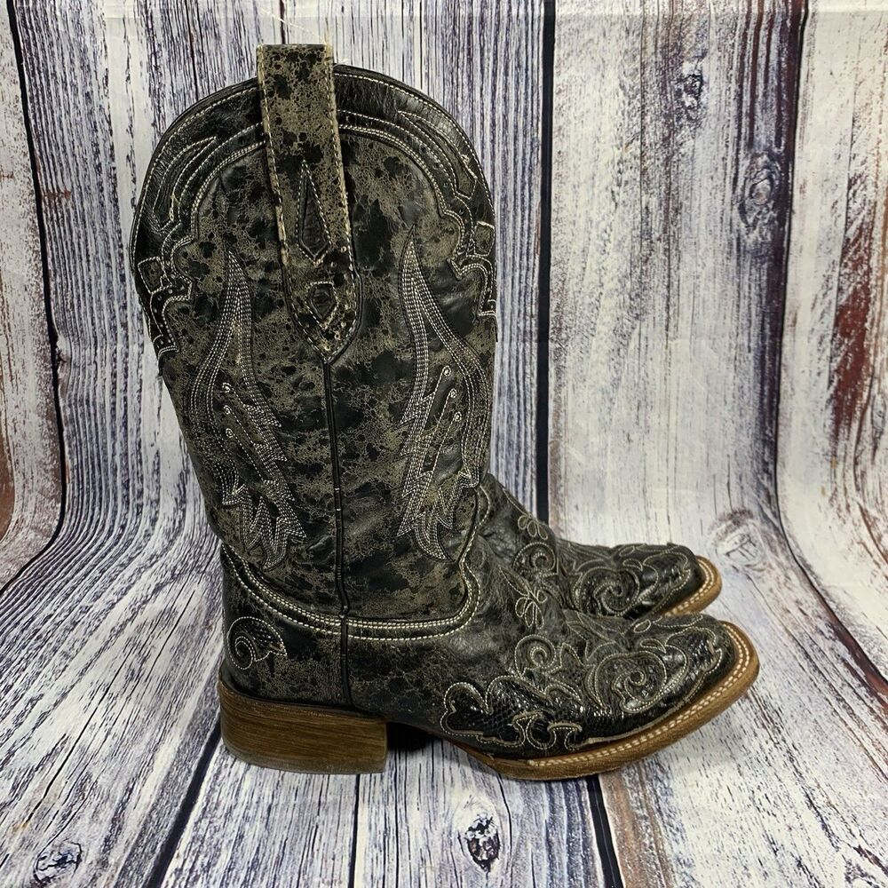 Corral A2402 Black Leather Snake Inlay Square Toe Western Boots Women’s 8.5 Wide